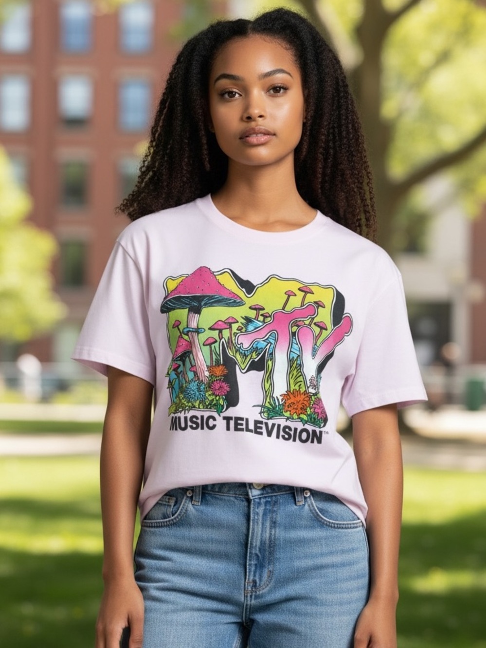 MTV Pink Mushroom Psychedelic Graphic Tee Shirt Large Trippy Music Television